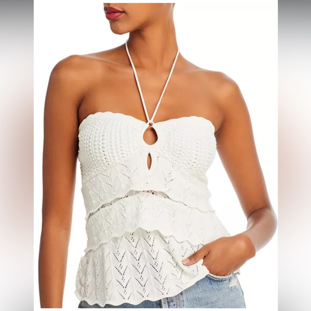 Aqua White Crochet Halter Summer Top and heyhole front hook and eye closure XXL